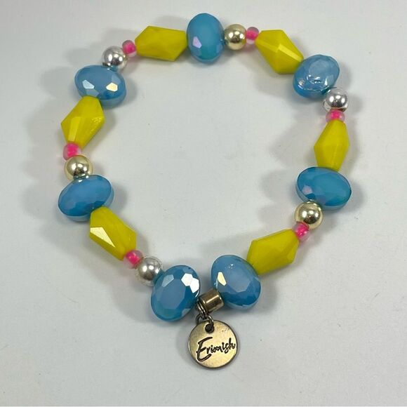 Erimish Cute Blue Yellow Glass Beaded Multi Shaped Stretch Bracelet Bright - Picture 1 of 5